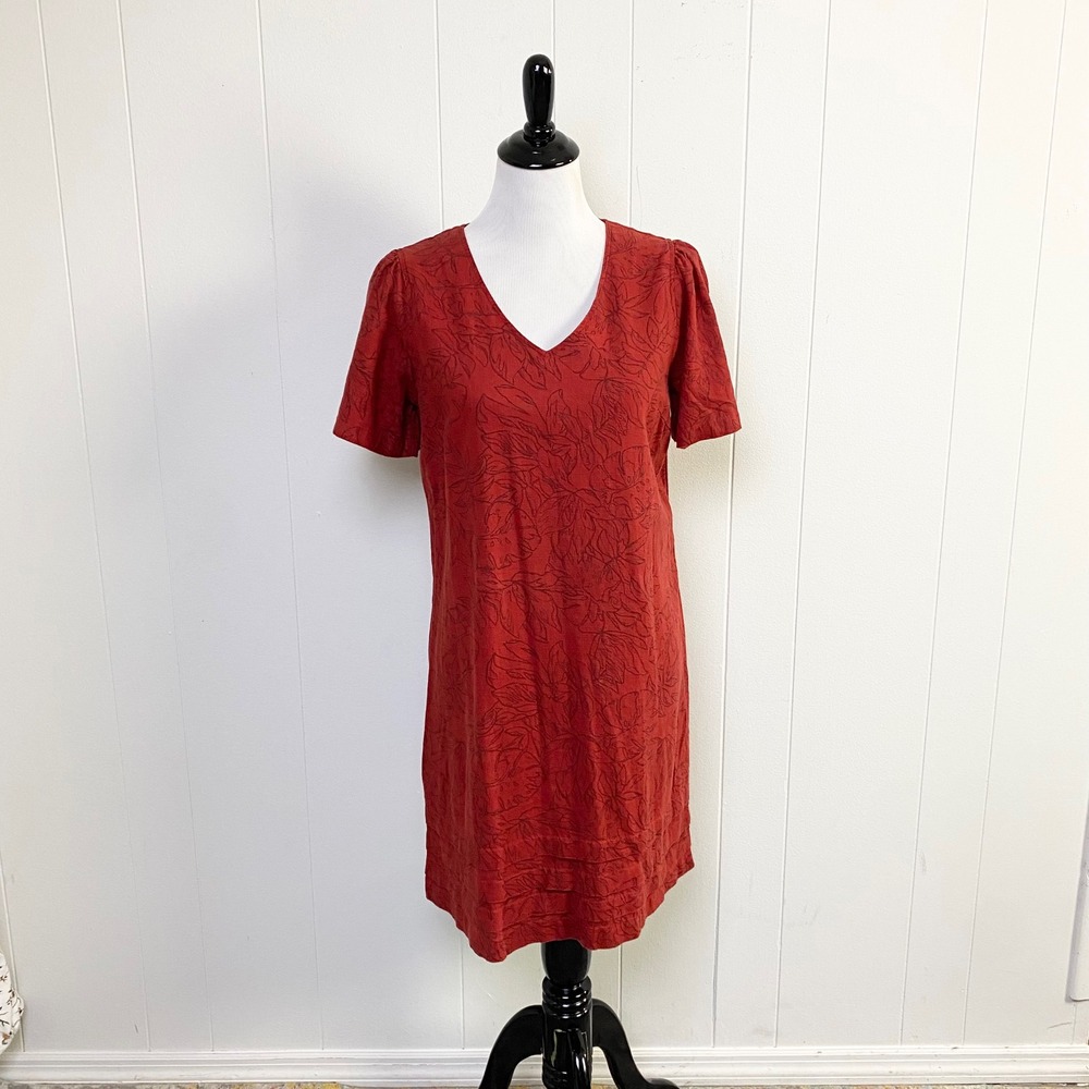 Nicole Miller Sz M Terracotta Red Linen Blend Tropical Leaf V-Neck Shift Dress